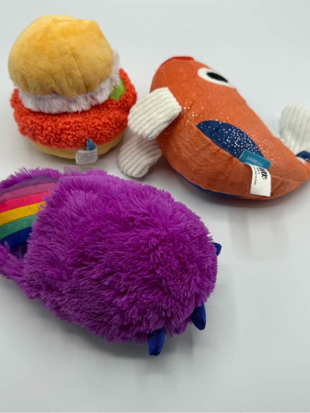 BARK Dog Toys Lot of 3 Plush Fish Burger Rainbow Slipper NWOT